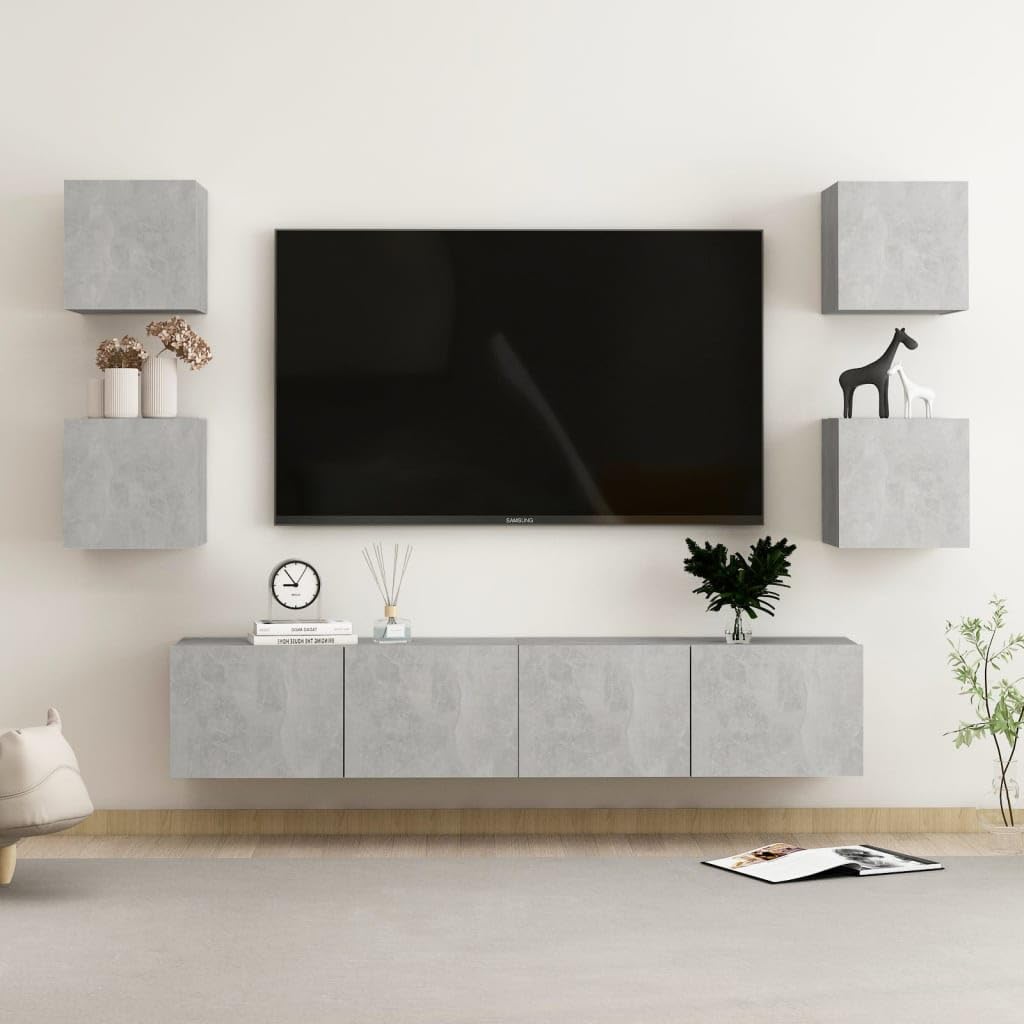 6-TLG. TV-Schrank-Set Betongrau Holzwerkstoff, Wandmontage, Modernes Media Center für Wohnzimmer, Schlafzimmer, Viel Stauraum