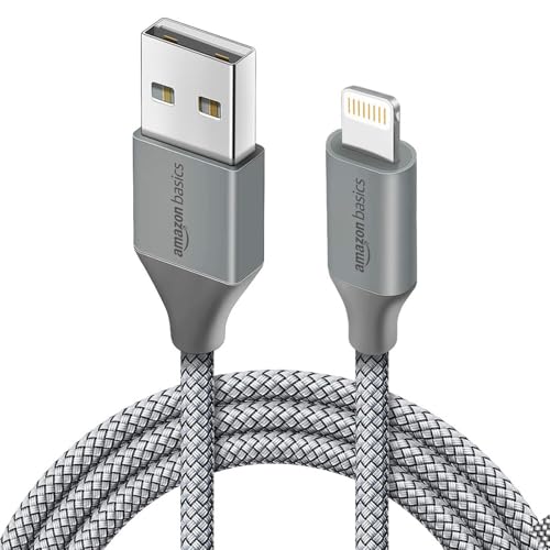Image of amazon basics Nylon Braided USB to Lightning Fast Charging and Data Sync Cable Compatible for iPhone 14,13, 12,11,X, 8, 7, 6, 5, iPad Air, Pro, Mini (3 FT Pack of 1, Grey)