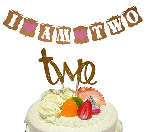 E&L Baby Girl 2nd Birthday Decoration kit- I Am Two- Banner and Cake Topper -Two for 2 Year Old Outfit Girl Birthday Celebration, Second Birthday Outfit Girl Birthday Decorations