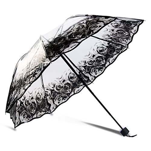 Happy Clear Regenschirm, Dreifach Faltbarer Regenschirm, Clear Bubble Regenschirm Transparent Faltbar Schwarz Bedrucktes Muster, F Cover