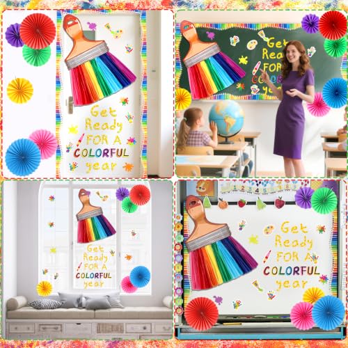 Image of Welcome Back to School Bulletin Board Decorations, Art Classroom Door Decor Set Crayon Border 3D Rainbow Brush Fans First Day of School Painting Paper Cutouts for Bulletin Board Wall Party Supplies