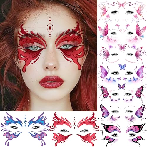 Image of 10 Sheets Butterfly Temporary Tattoos For Women Face Freckles Tattoo Sticker, Realistic Flying Butterflies Fake Tattoos Eyelid Eyeliner Eye Shadow Makeup Decal Halloween Costume Princess Fairy Cosplay