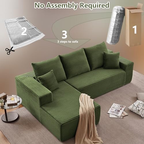 Image of 107 inch Cloud Sectional Couch with L-Shape Chaise, Modern Modular Comfy Sofa with Deep Seat, Upholstered Corduroy Couches Sleeper Chaise Longue for Living Room Bedroom, No Assembly Required, Green