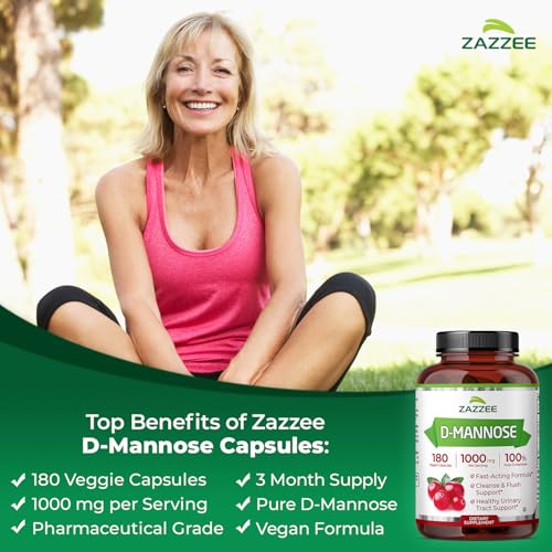 Image of Zazzee D-Mannose, 1000 mg per Serving, 180 Vegan Capsules, 3 Month Supply, Potent & Fast-Acting, Certified Kosher, 100% Pure, All-Natural Urinary Tract Health Support, 100% Vegetarian, Non-GMO