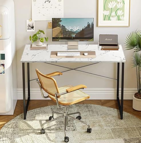 Image of Modern Wooden Computer Desk Home Office Study Desk with Metal Frame, Minimalist Writing Desk Laptop PC Workstation Table for Home Office Study Room Bedroom (White)