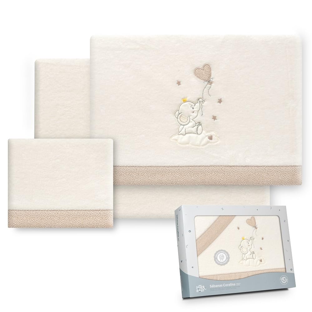Interbaby - Set of sheets for pram 40 x 80 cm, baby - coral fabric winter sheets - elephant balloon heart - includes fitted sheet + top sheet + pillow case