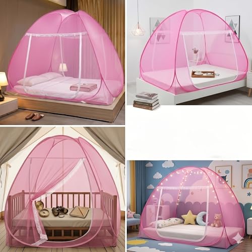 Image of Mosquito Net for Double Bed, 6.5x6.5 Feet 30 GSM Premium Double Bed Machardani, Strong and Durable, PVC Coated Tent Type, Foldable, Corrosion Resistant, King Size (Pink)