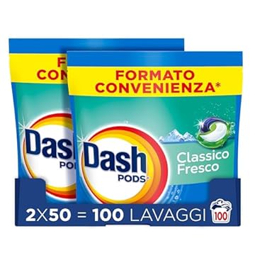 Dash Pods Detersivo Lavatrice In Capsule, 100 Lavaggi (2x50), Classico Fresco, Rimuove Le Macchie, Efficace A Freddo Anche E In Cicli Brevi
