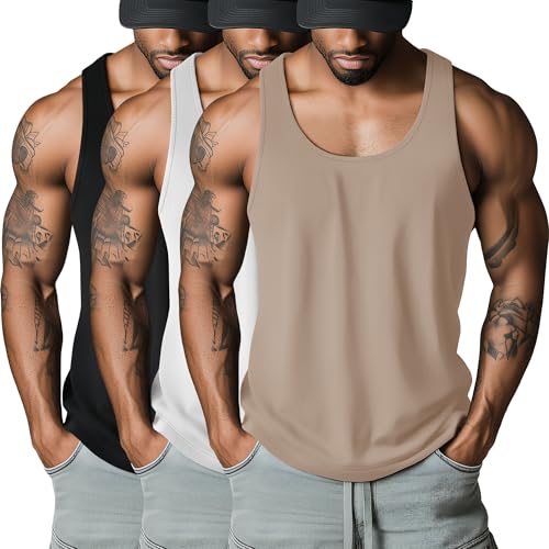 Riyiper 3 Pack Men's Big and Tall U Neck Tank Tops M-5XL Sleeveless Compression Tees Beach Casual Summer Muscle Basic Shirts