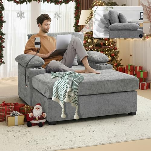 UQGVML Chaise Lounge Chair with Adjustable Backrest, Ottoman, Phone Holder, USB Ports, Cup Holder for Living Room Apartment, Reading Lounge Chair for Small Space, Single Sleeper Sofa, Chenille, Grey