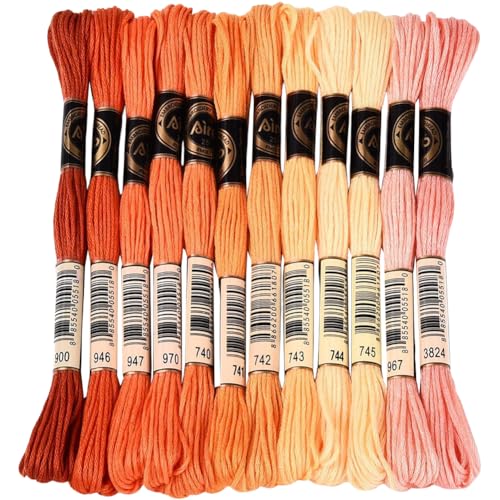 Image of 105 Yards 12 Skeins Gradient 6 Strands Orange Red Variegated Embroidery Thread Friendship Bracelet String Polyester Cross Stitch Floss Threads Assorted Bulk Set for Hand Sewing Making Supply