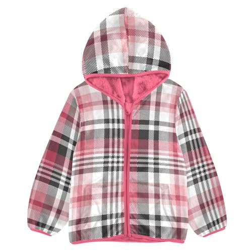 OTVEE Modern White Pink Plaid Kids Hoodie Jacket Fall Spring Full Zip Warm Outwear Coat