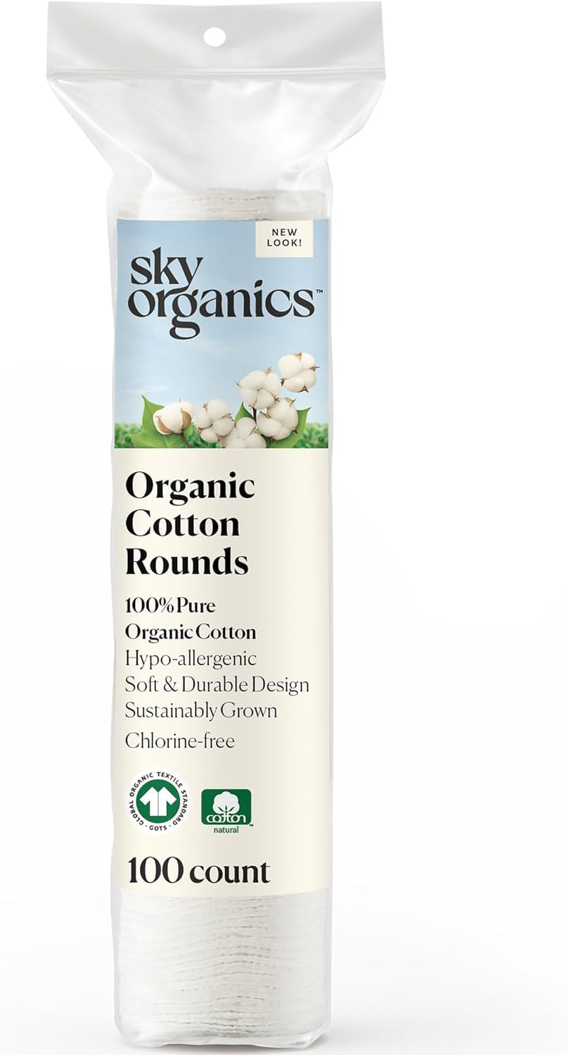 Sky Organics Organic Cotton Rounds for Sensitive Skin, 100% Pure GOTS Certified Organic for Beauty & Personal Care, 100 ct.