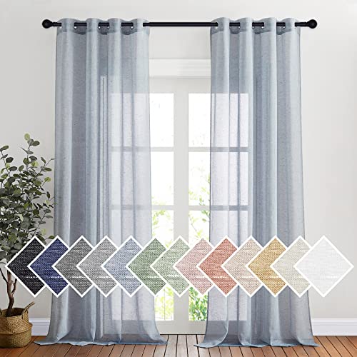 NICETOWN Linen Semi Sheer Flax Curtains 96" L, Eyelet Top Bedroom Window Privacy Translucent Light Filtering Flax Sheer Drapes for Guest Room, 104 inches Wide Total 2 Panels, Sea Mist