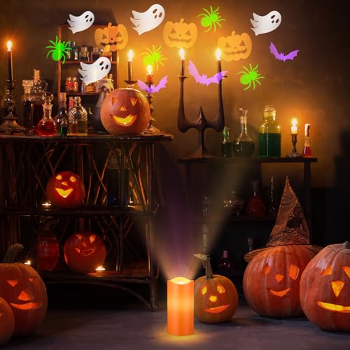 Image of Baquler Halloween Projector Candle Ghost Projector Light Halloween Indoor Decoration Spooky Scary LED Flameless Candle Battery Operated Night Light with Remote and Timer Bedroom Home Decor Party Gift