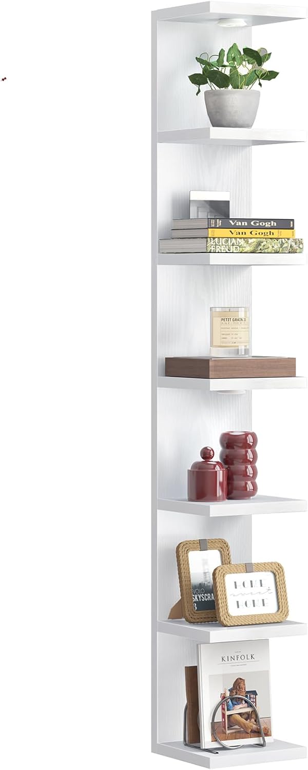 Fixwal 7 Tier Wall Shelves Wood Floating Shelves with LED Lights White Lack Wall Shelf Unit Vanity Floating Shelf Home Decor Organizer Tall Tower Design Utility Shelf