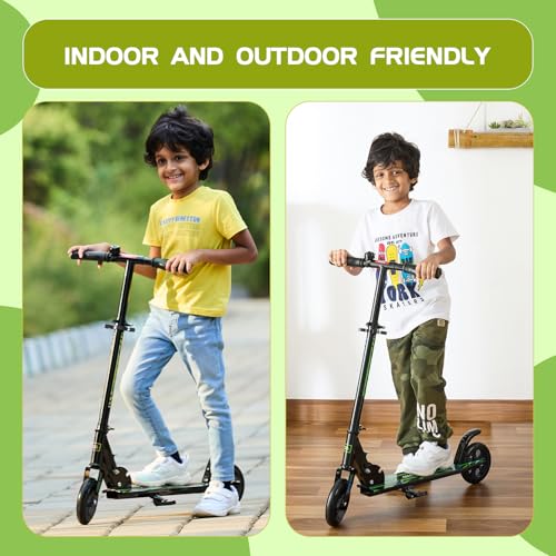 Image of Amazon Brand - Jam & Honey Kick Scooter | Foldable 2-Wheel Design with Rear Brake | 3-Height Adjustable Handlebar | BIS Certified | 50 kg Max Load | Neon Green | Ages 6-13 Years