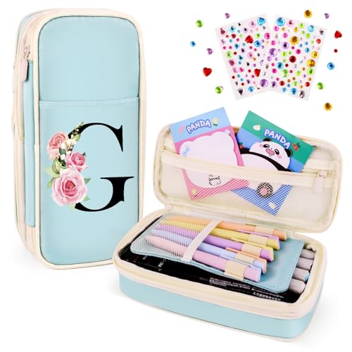 Image of Preppy Pencil Case for Girls, Cute Large Pencil Pouch, Personalized Initial Pencil Bag with Zipper for School College Office Supplies, Back to School Supplies Gifts for Teen Girls (G, Blue)