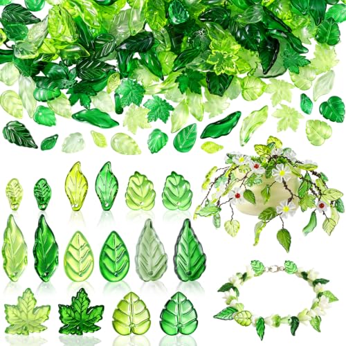 FOGWOWO 216 Pcs Crystal Green Leaf Beads Glass Green Beads Beaded Plant Kit