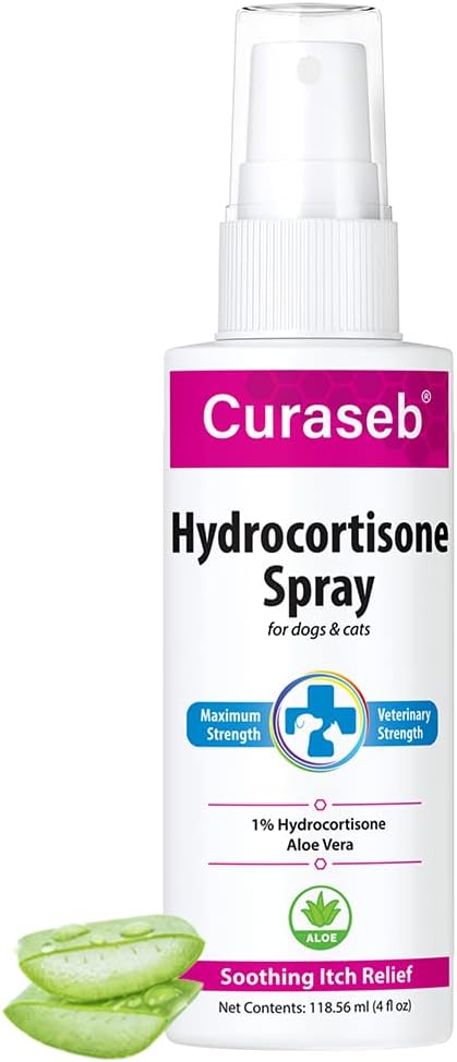 Curaseb Hydrocortisone Spray for Dogs & Cats – Instant Itch Relief for Hot Spots, Paw Licking, Rashes, Allergies, Bites, Dry Skin – with Soothing Aloe, 4oz