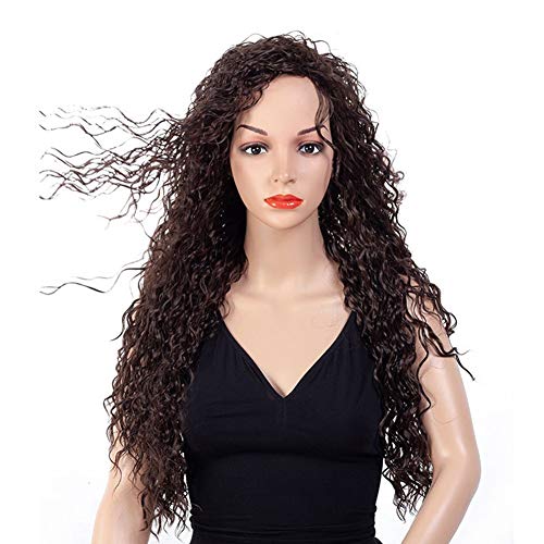 Perruque longue kinky bouclée brune 72 cm avec bonnet respirant