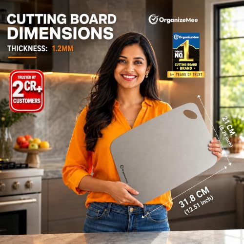 Image of Organizemee Steel Chopping Board Medium 31.8x21cm, Stainless Steel Cutting Board for Kitchen Use, Everyday Rust-Proof Chopping Board with Non-Skid Silicon Corner Pads for Vegetables and Fruit