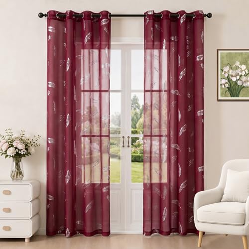 Ystyle Cortinas Salon 2 Piezas 140x280 CM, Cortina De Plumas Moderna con Foil Plateado, Cortina Semitransparente Elegante de Voile, Ideales para Dormitorio y Cocina, Burdeos