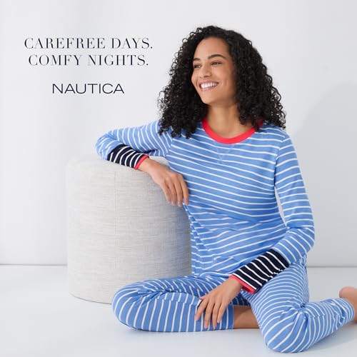 Nautica Striped Lightweight Cotton Pajama PJ Set for Women, Womens Long Sleeve PJs Pajamas Crewneck Shirt & Jogger Pants Sets4