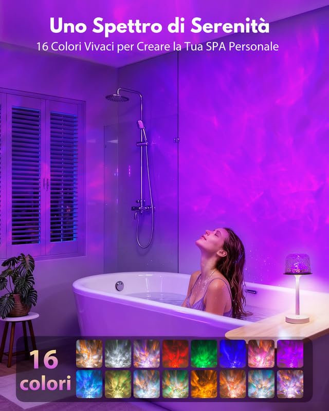 Waterproof Mood Shower Lampe - Badezimmer Lichtprojektor mit 16 Farben Nordlicht & Akku Batterie. Wasserdicht LED Tischleuchte Touch & Fernbedienung für Bathroom und Badewannen Badezimmerbeleuchtung