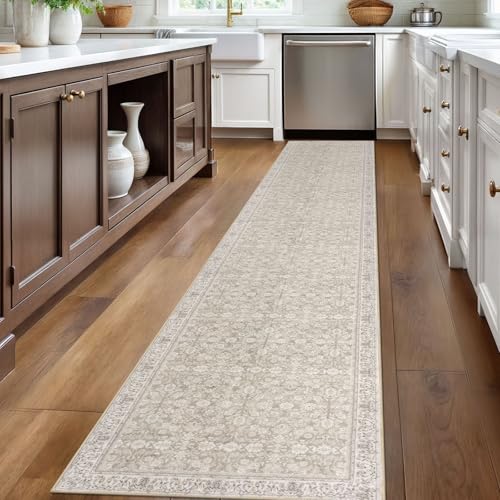 2x12 Cream Beige White Grey Washable Runner Rug for Kitchen, Soft Classic Runner with Non-Slip, Non-Shedding Distressed Floral Rug for Hallways Entryway Bedroom Laundry Indoor