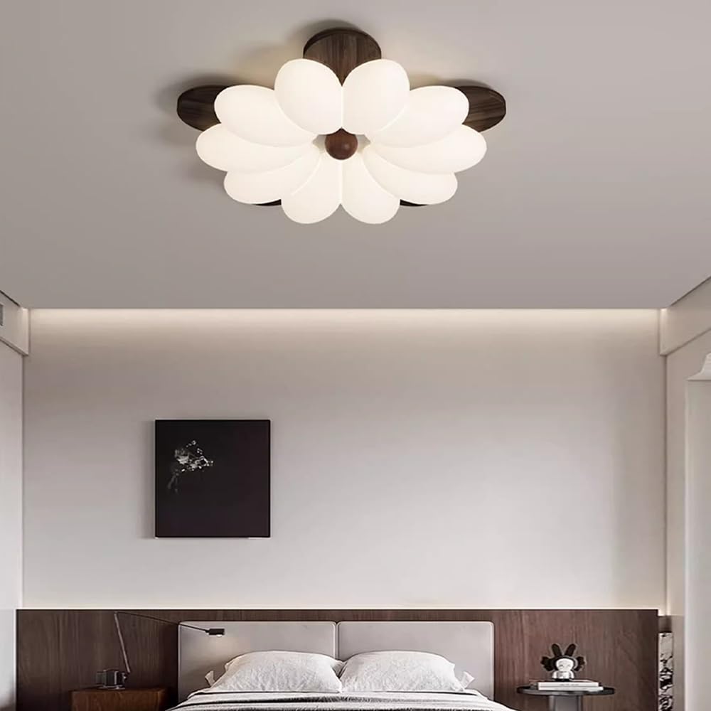 Sufitowa Led Flower, Drewniana, Do Sypialni, Z Akrylowym Kloszem, 50 W, 3 Kolory, Regulowana, Półpłaska, Do Salonu