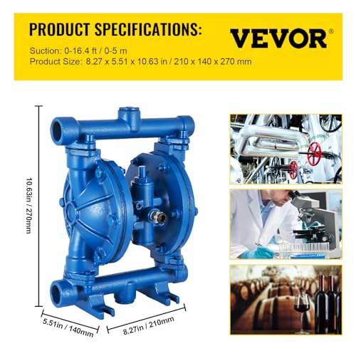 Image of VEVOR Air-Operated Double Diaphragm Pump, 1 /2 in Inlet & Outlet, Cast Iron Body, 8.8 GPM & Max 120PSI, Nitrile Diaphragm Pneumatic Transfer Pump for Petroleum, Diesel, Oil & Low Viscosity Fluids