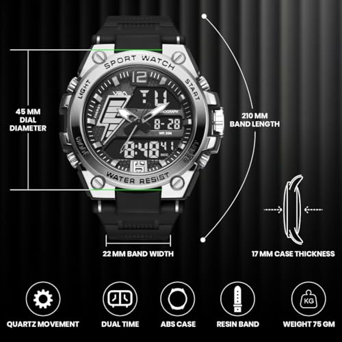 Image of V2A Stryke 45mm Analog Digital Sports Watch for Men | Hybrid Layered Dial | Alarm Stopwatch Backlight Day Date | TPU Strap | 30M Water Resistant | Gift for Mens