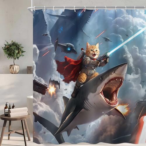 Image of Funny Shower Curtain, Hilarious Cool Cat Shower Curtain, Blue Cool Cat Riding Shark Ocean Wave Shower Curtain for Bathroom, Funny Kids Boy Shower Curtain Sets, with Hooks 72x72 Inch