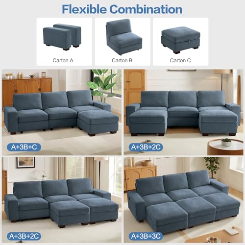 Image of TEKAMON 100 inch Modular Sectional Sofa with Seats Storage, L Shaped Couch with Movable Ottoman for Living Room, Couch with Chaise, Solid Wood Frame, Spring Cushions, USB Port, Removable Covers, Blue