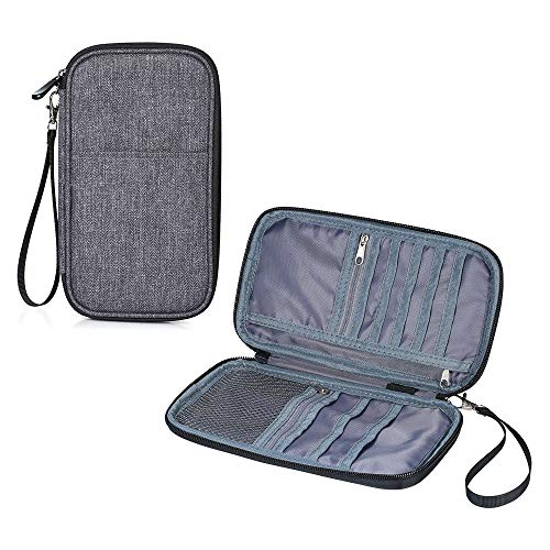 Family Travel Passport Holder Wallet with Zipper Detachable Hand Strap RFID Blocking Document Tickets Organizer Fit 3 Passports for Woman Man (Grey)