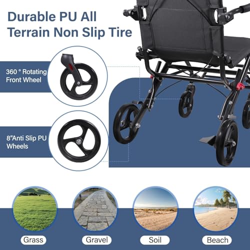 Image of 𝟐𝟎𝟐𝟔 𝐔𝐩𝐠𝐫𝐚𝐝𝐞 Wide Seat Transport Wheelchair - Foldable Lightweight Travel Wheelchair for Seniors, All Terrain Portable Chair, 300lbs Capacity with Brakes, Seat Belt