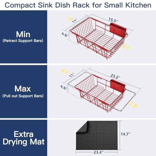 Image of JASIWAY Red Dish Drying Rack in Sink with Mat, Cups and Utensil Holder