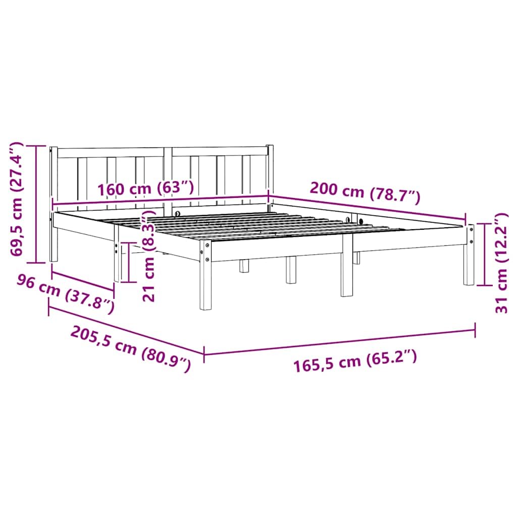 vidaXL Estructura de Cama Dormitorio Habitación Muebles Mobiliario Cuarto Descanso Robusta Duradera 160x200 cm Madera Maciza de Pino