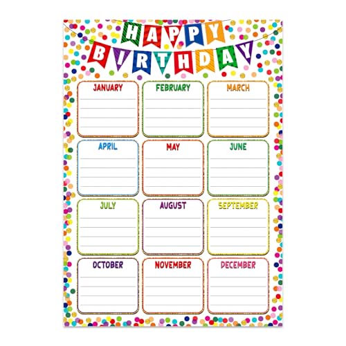 Image of GMEMNOV Birthday Chart for Classroom - Confetti Birthday Poster Calendar Reusable Laminated Classroom Happy Birth day Chart Bulletin Board Decorations Back to School Teacher Supplies