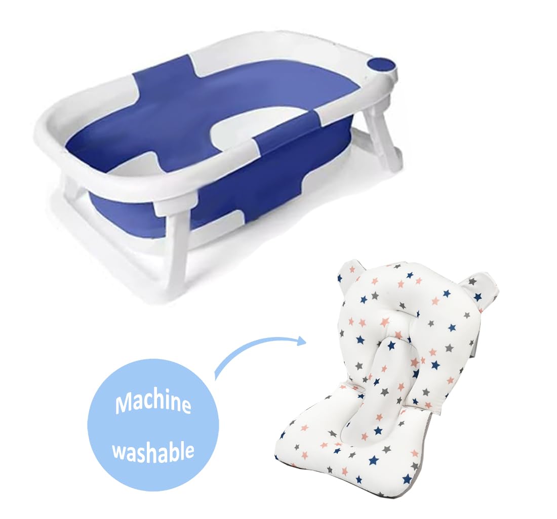 NOT JUST A BOX - Vaschetta Bagnetto Pieghevole Neonato, Indicatore di Temperatura, Foro di Drenaggio, Cuscino Antiscivolo, per bambini fino a 24 mesi (BLU)