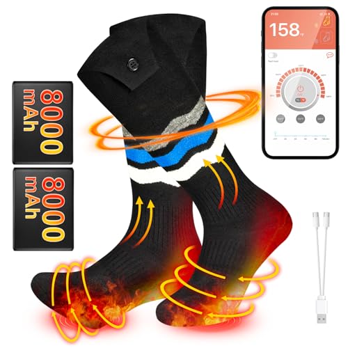 8000mAh Heated Socks for Men Women APP-Control 13 Hours Battery Operated Rechargeable Electric Socks Washable Thermal Socks for Winter Outdoors Work Skiing Fishing Hunting Hiking Camping