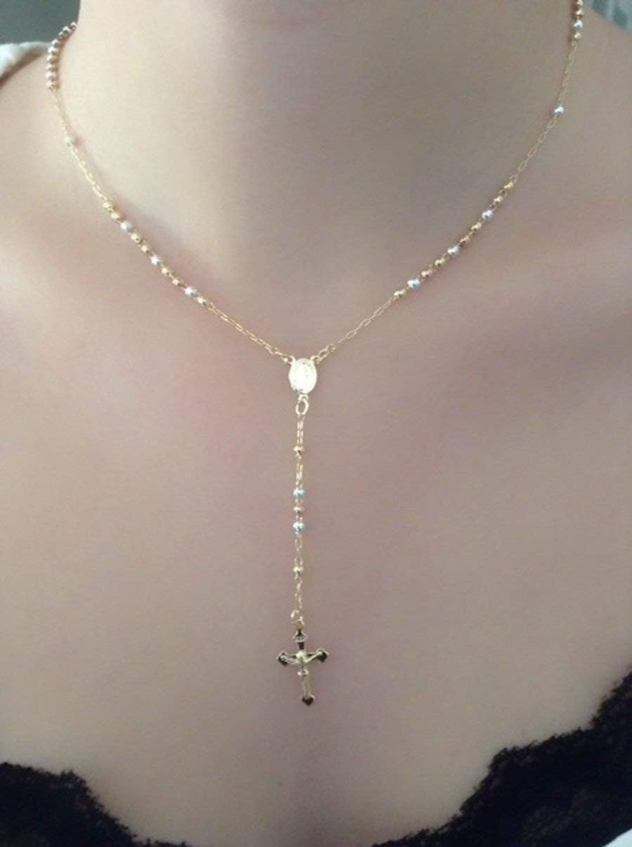 SIFRIMANIA Tricolor Catholic Rosary Necklace for Women, Silver Rose Gold Tone Beads with Crucifix, 18K Gold Plated Rosary Jewelry