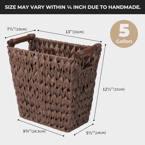 GRANNY SAYS Woven Trash Basket, Brown Wastepaper Basket with Handles, Wicker Bathroom Trash Can for Dorm Laundry Room, 1-Pack, 13" x 7 ½" x 12 ½"