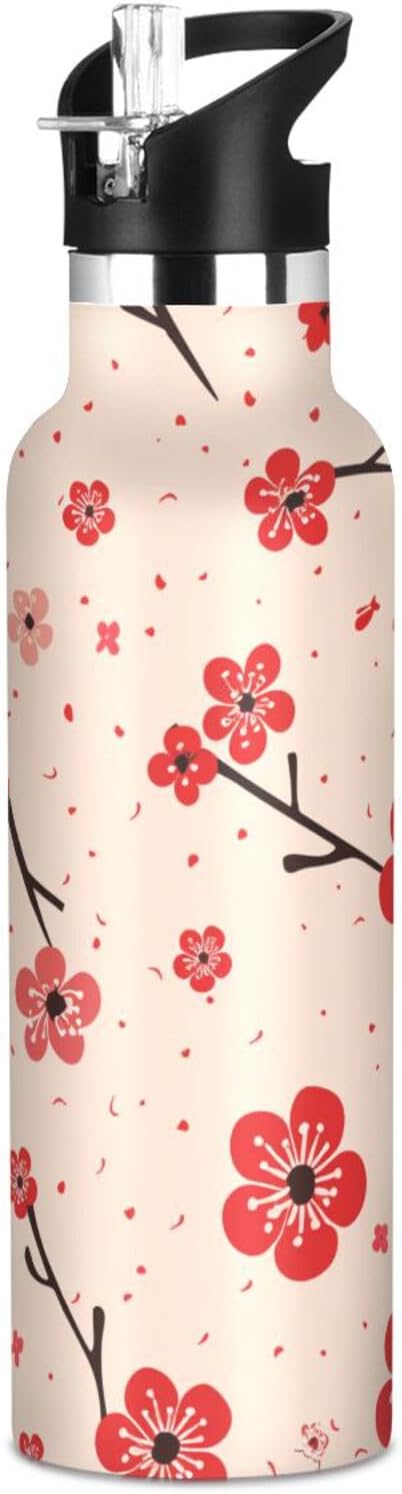 Red Cherry Blossom – Botella de agua ligera para gimnasio con asa, botellas aisladas al vacío de doble pared para viajes, campamento, deportes, 20