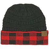 CC Winter Fall Trendy Chunky Stretchy Cable Knit Beanie Hat (Buffalo Plaid Red/Black)