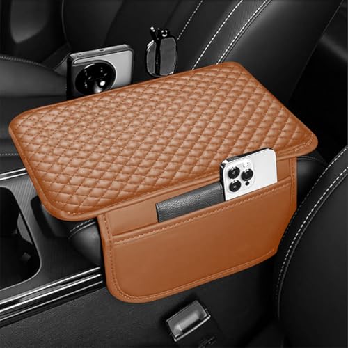 Image of Lyrovo PU Leather Car Armrest Cushion Pad With Side Pockets, Universal Fit for All Car (Brown)