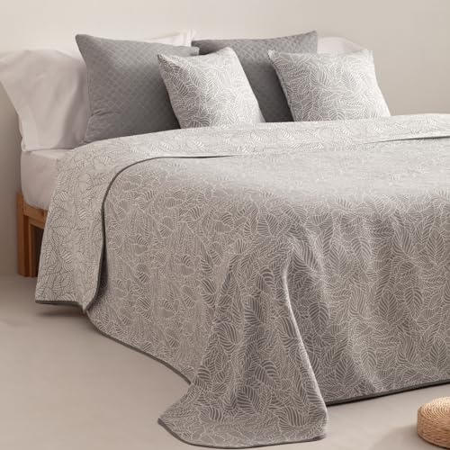Colcha Moderna Cama 150 cm Ligera Entretiempo Primavera Verano Lisa Floral Jacquard algodón Transpirable, 250x270 cm, Color Gris