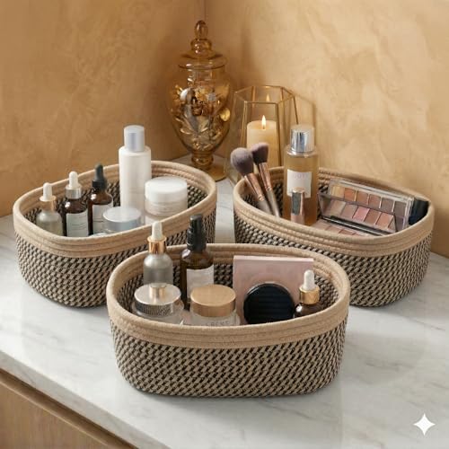 Image of 100% Natural Jute small box mini rope paper storage Round hamper baby nursery tray bucket for Living Kitchen, Office, Drawing Room,fruits, kitchen, office, (black beige 3 set)