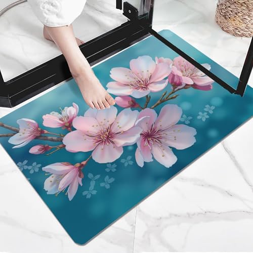 Tapis d'entrée 60 x 90 cm paillasson bleu-vert fleurs de cerisier - 5
